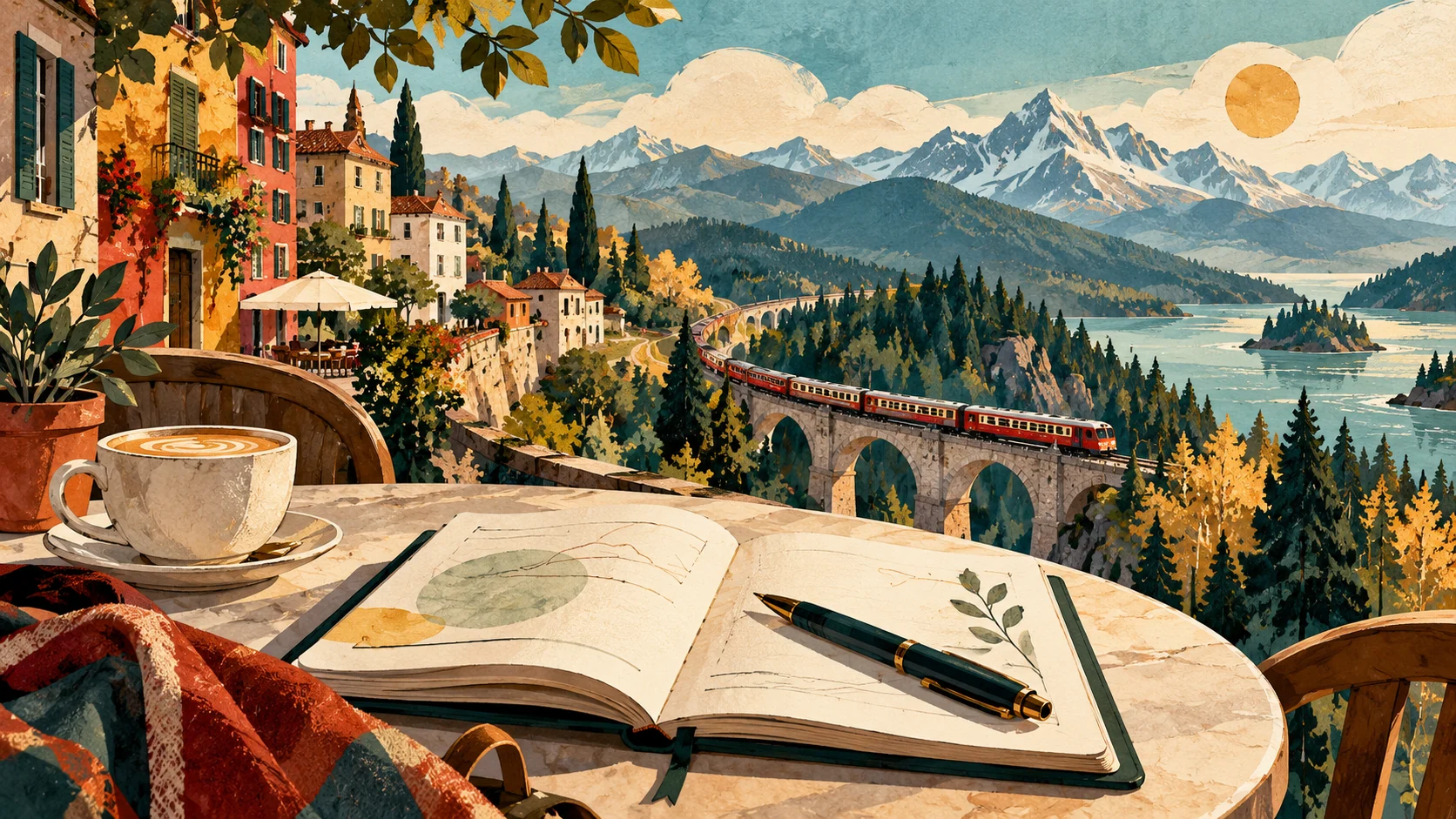 Illustrated notebook and coffee overlooking a village, a train, and mountains