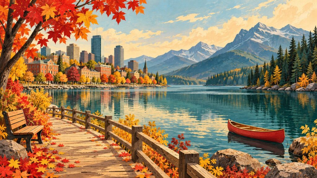 Illustration of an autumn lakeside walkway, canoe, waterfront city, forest, and mountains inspired by Canada.