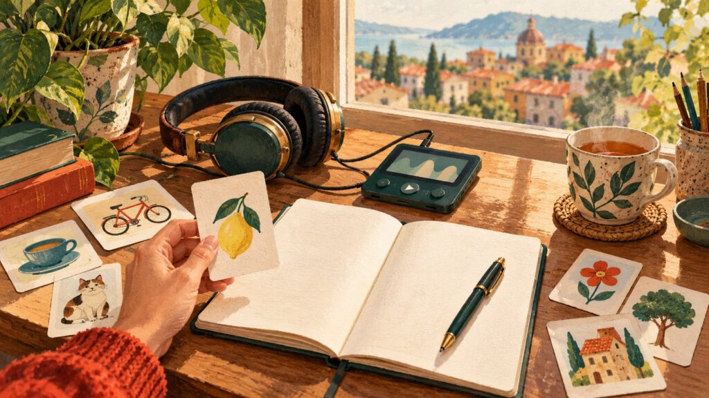 Illustration of a language practice desk with blank notebook, headphones, and picture flashcards.