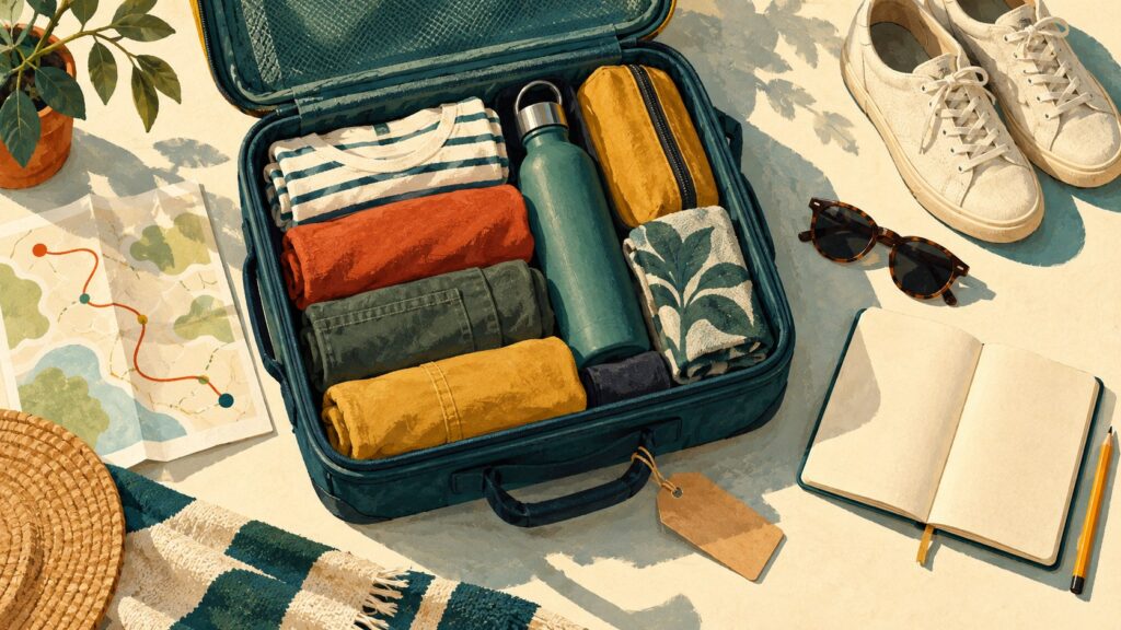 Illustration of a neatly packed carry-on with clothes, reusable bottle, notebook, and a schematic travel route.