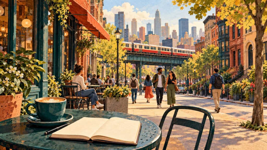 Illustration of a walkable American-style neighborhood with an elevated train and a notebook at a cafe.